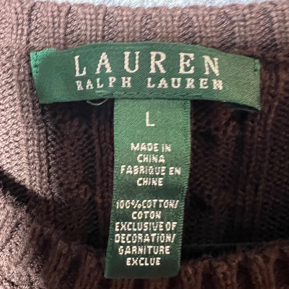 Lauren Ralph Lauren Brown Cable Knit Sweater Pullover Large RLL Logo Cotton - Picture 4 of 6